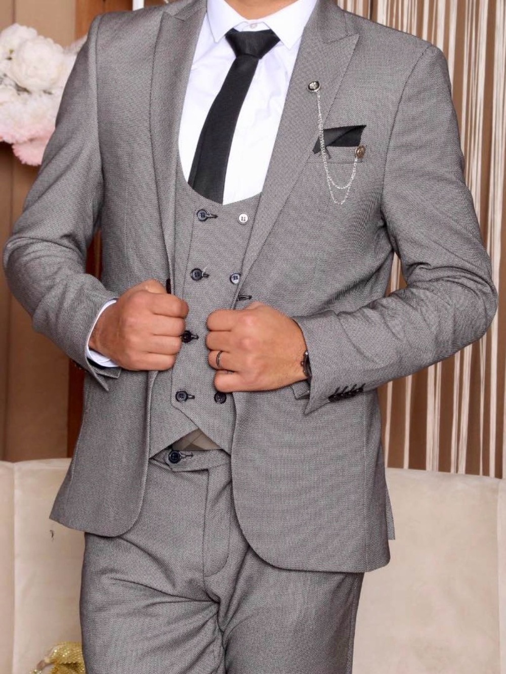 Men's Gray Three-Piece Suit with Black Accents